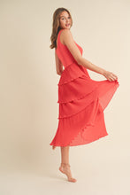 Load image into Gallery viewer, &amp;merci Mixed Media Pleated Tiered Midi Dress in Red Orange
