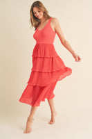 &merci Mixed Media Pleated Tiered Midi Dress in Red Orange