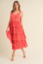 Load image into Gallery viewer, &amp;merci Mixed Media Pleated Tiered Midi Dress in Red Orange
