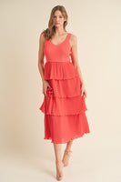 &merci Mixed Media Pleated Tiered Midi Dress in Red Orange