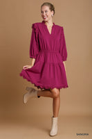 Umgee French Terry Tiered Dress With Lace Tape Detail in Sangria