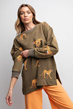 Load image into Gallery viewer, Easel Mineral Washed Cheetah Print Terry Knit Sweater in Ash Olive Shirts &amp; Tops Easel   
