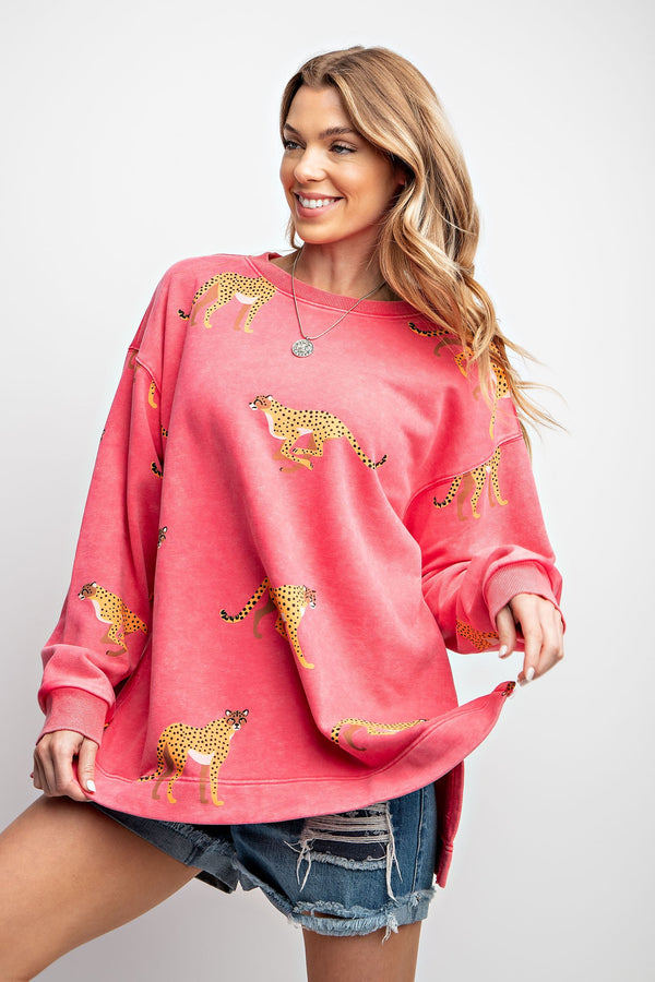 Easel Mineral Washed Cheetah Print Terry Knit Sweater in Coral Pink Shirts & Tops Easel   