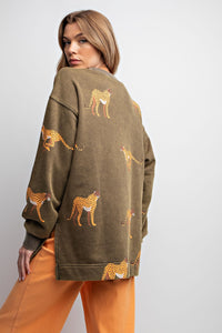 Easel Mineral Washed Cheetah Print Terry Knit Sweater in Ash Olive Shirts & Tops Easel   