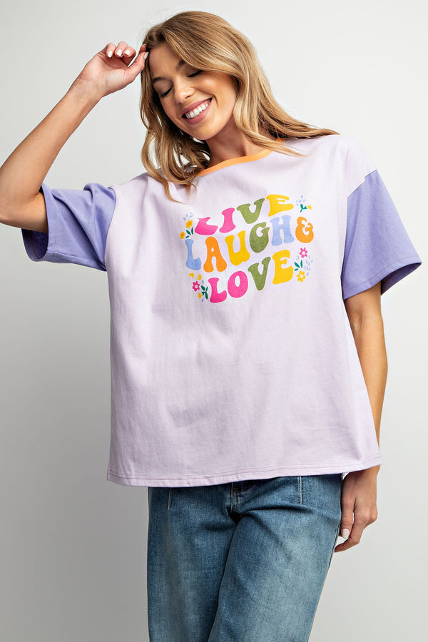 Easel Color Block Live, Laugh, Love Top in Lavender Shirts & Tops Easel   