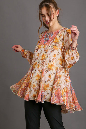 Umgee Mixed Print Long Sleeve Ruffle High Low Hem Top in Orange