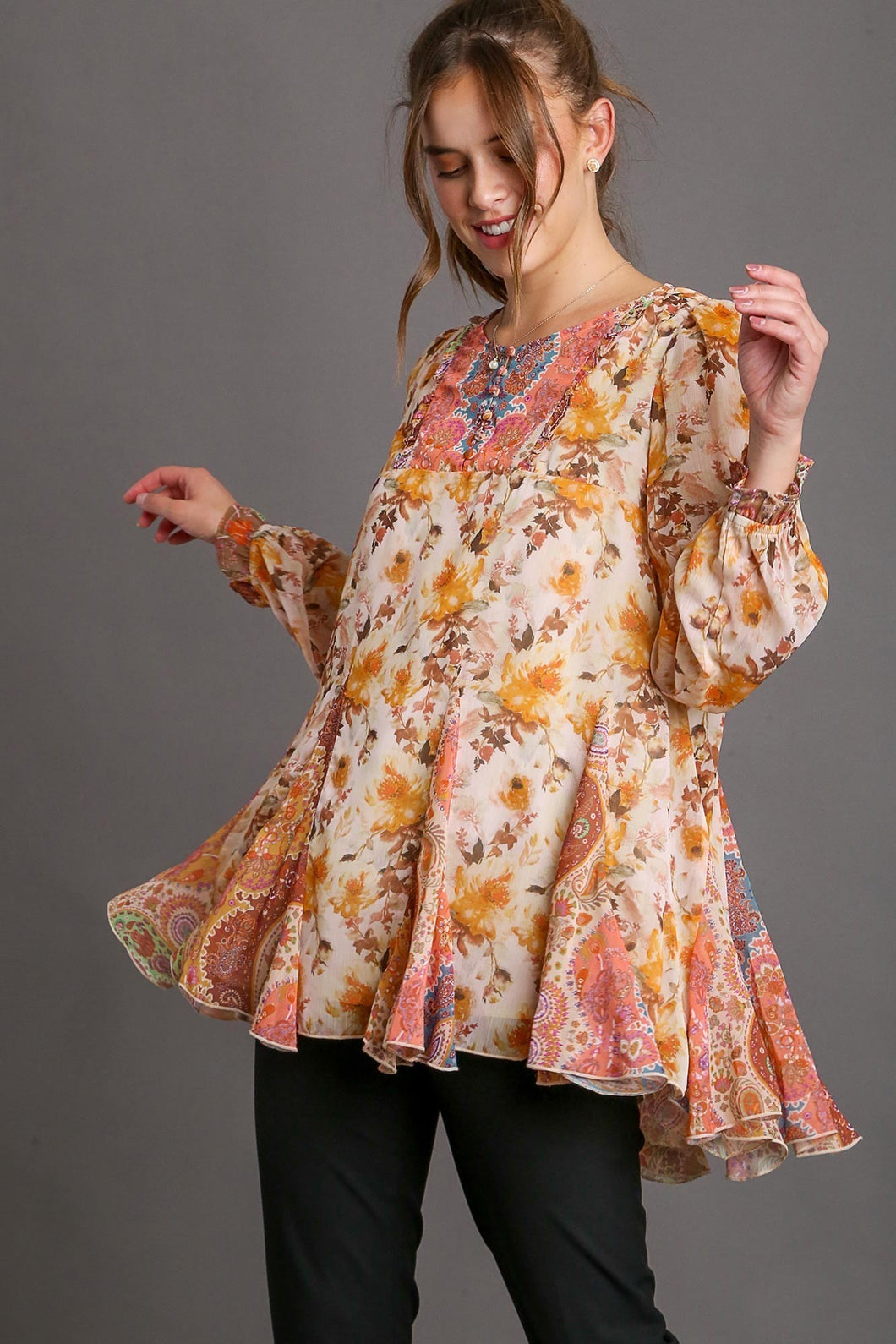 Umgee Mixed Print Long Sleeve Ruffle High Low Hem Top in Orange