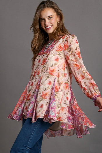 Umgee Mixed Print Long Sleeve Ruffle High Low Hem Top in Rose