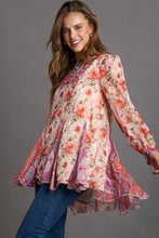 Load image into Gallery viewer, Umgee Mixed Print Long Sleeve Ruffle High Low Hem Top in Rose
