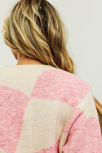 BiBi Checkered Sweater in Ivory/Pink Sweaters BiBi   