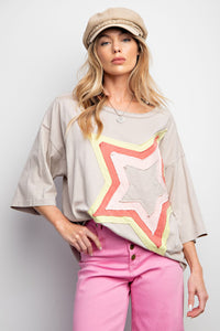 Easel Front Star Patched Half Sleeve Top in Mushroom Shirts & Tops Easel   