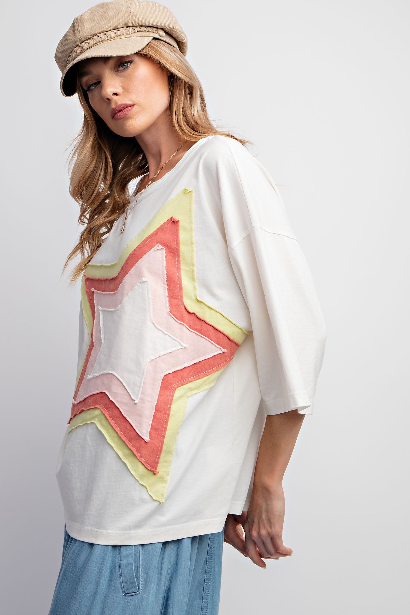 Easel Front Star Patched Half Sleeve Top in Off White – June Adel