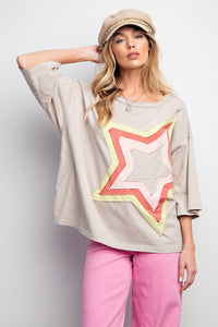 Easel Front Star Patched Half Sleeve Top in Mushroom Shirts & Tops Easel   