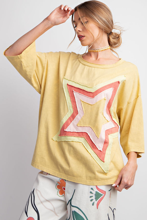 Easel Front Star Patched Half Sleeve Top in Honey Mustard Shirts & Tops Easel   