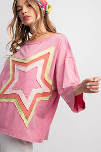 Easel Front Star Patched Half Sleeve Top in Cotton Candy Shirts & Tops Easel   