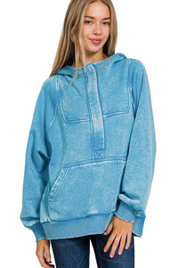 Acid Washed Oversized Fleece Hooded Top in Deep Sky