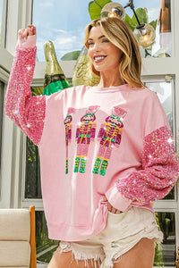 BiBi Sequin Nutcracker Top with Velvet Sequin Sleeves in Pink Shirts & Tops BiBi   