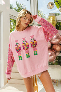 BiBi Sequin Nutcracker Top with Velvet Sequin Sleeves in Pink Shirts & Tops BiBi   