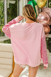 BiBi Sequin Nutcracker Top with Velvet Sequin Sleeves in Pink Shirts & Tops BiBi   