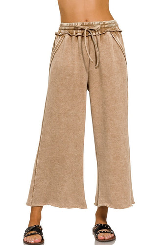 Acid Washed Palazzo Pants in Deep Camel Pants Zenana   