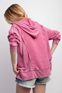 Easel Mineral Washed Cotton Gauze Hoodie in Magenta Shirts & Tops Easel   