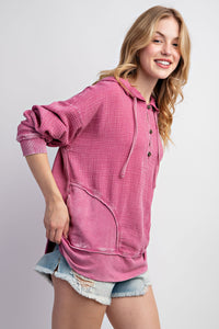 Easel Mineral Washed Cotton Gauze Hoodie in Magenta Shirts & Tops Easel   