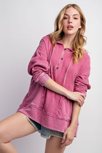 Easel Mineral Washed Cotton Gauze Hoodie in Magenta Shirts & Tops Easel   