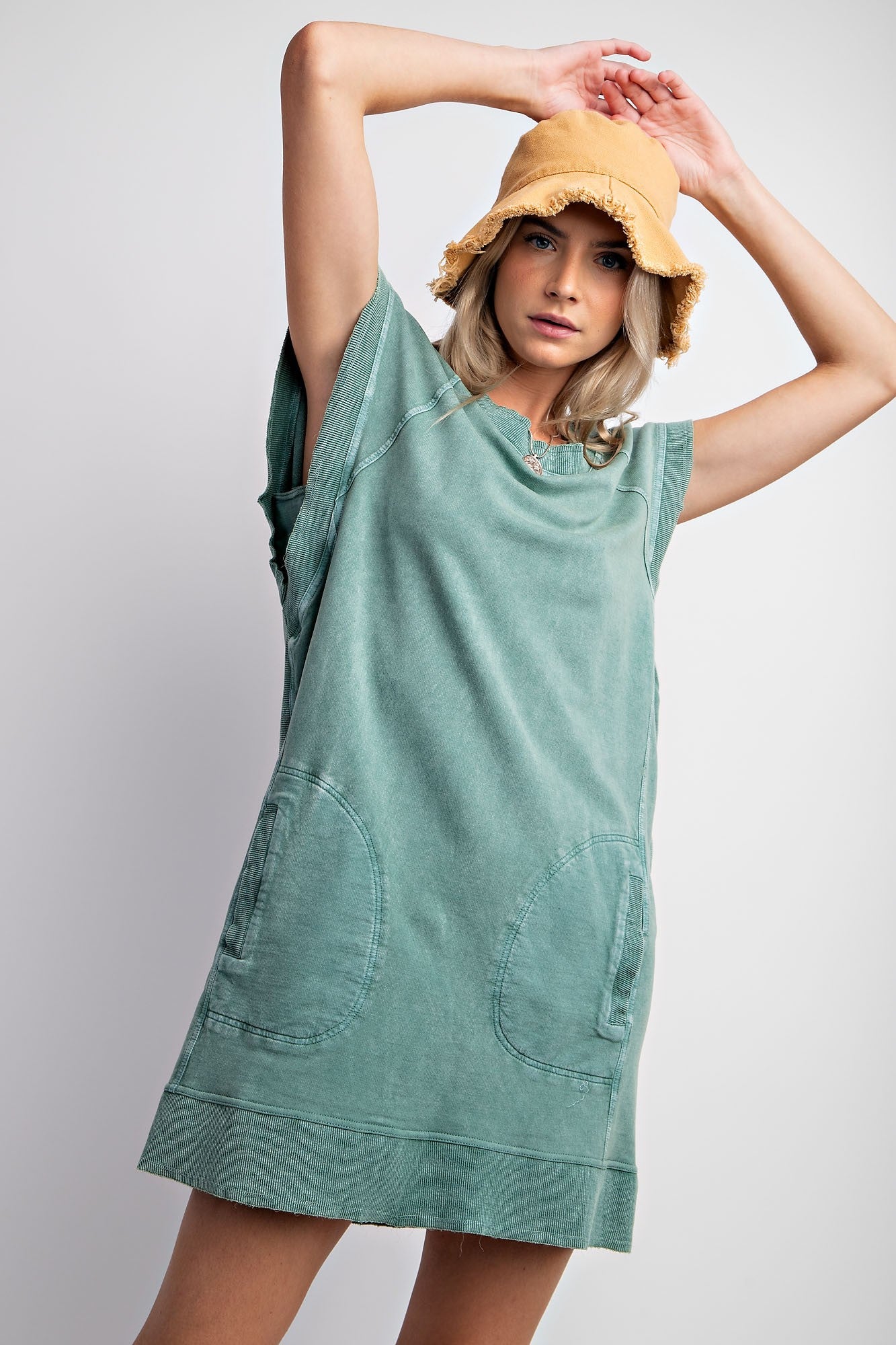 Easel Solid Color Short Terry Knit Dress in Moss – June Adel