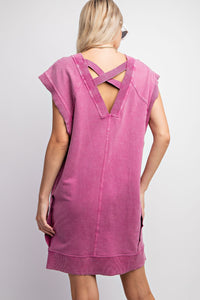 Easel Solid Color Short Terry Knit Dress in Orchid Dresses Easel   