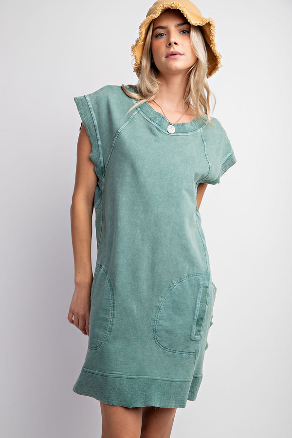 Easel Solid Color Short Terry Knit Dress in Moss Dresses Easel   