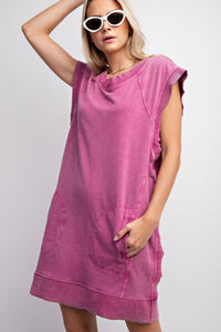 Easel Solid Color Short Terry Knit Dress in Orchid Dresses Easel   