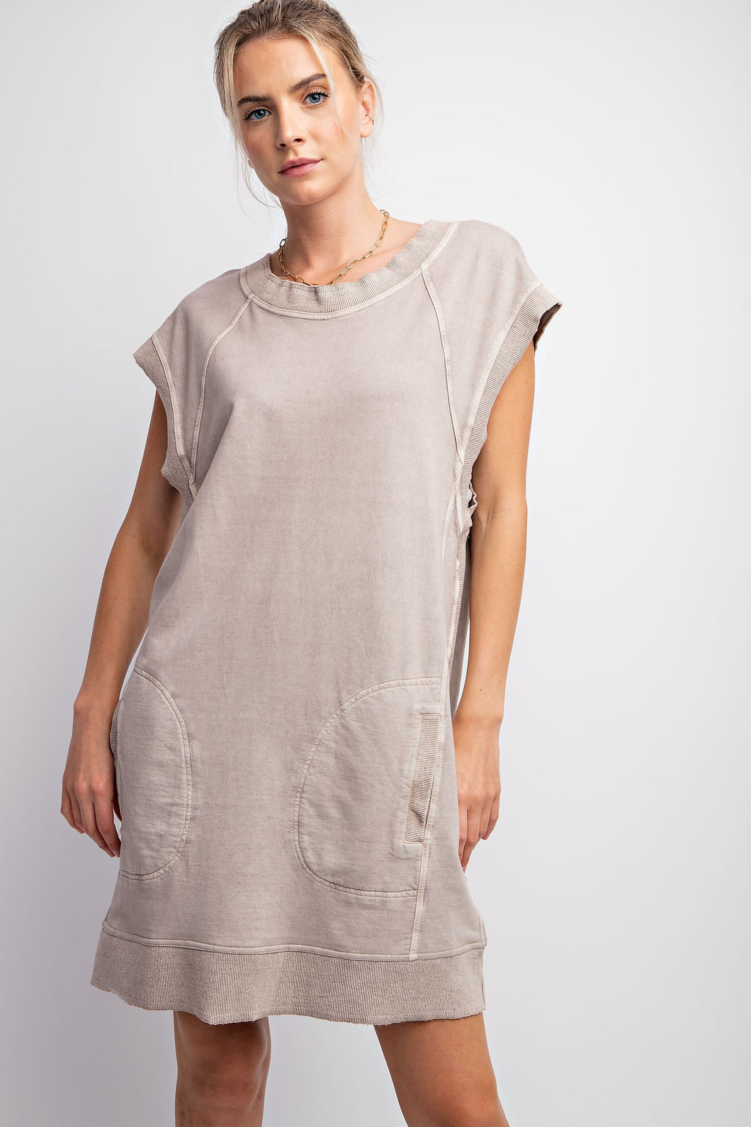 Easel Solid Color Short Terry Knit Dress in Mushroom Dresses Easel   