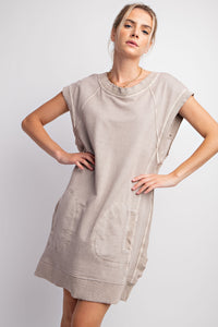 Easel Solid Color Short Terry Knit Dress in Mushroom Dresses Easel   