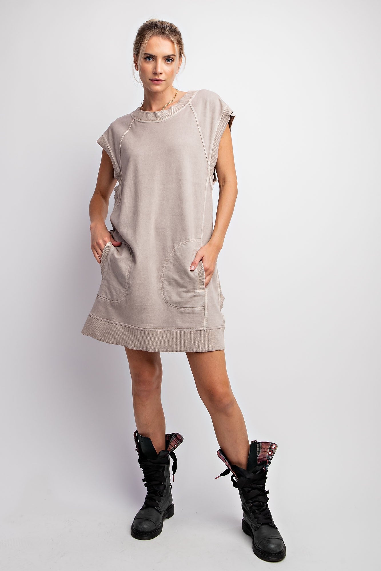 Easel Solid Color Short Terry Knit Dress in Mushroom – June Adel