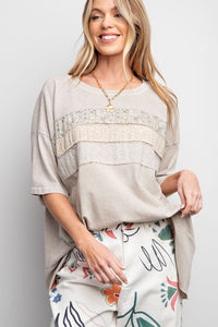 Easel Mixed Print and Lace Top in Mushroom Shirts & Tops Easel   