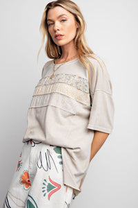 Easel Mixed Print and Lace Top in Mushroom Shirts & Tops Easel   