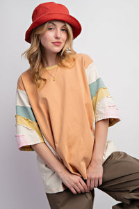 Easel Color Block Cotton Jersey Top in Chai Shirts & Tops Easel   