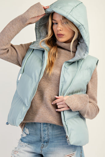 Easel Faux Leather Cropped Length Puffer Vest in Dear Sage