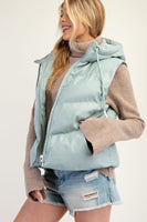 Easel Faux Leather Cropped Length Puffer Vest in Dear Sage