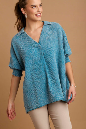 Umgee Mineral Wash Cotton Gauze Top with Frayed Hem in Teal Blue