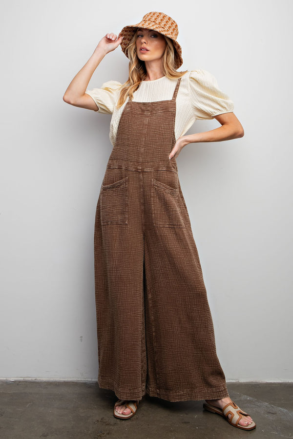Easel Washed Cotton Jumpsuit/Overalls in Choco Brown Overalls Easel   