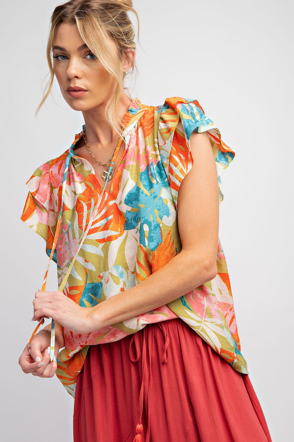 Easel Peach Blossom Printed Top in Sage Shirts & Tops Easel   
