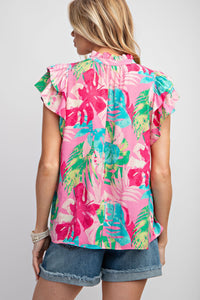 Easel Peach Blossom Printed Top in Bubble Gum Shirts & Tops Easel   