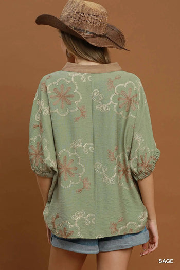 Umgee Floral Embroidered Split Neck Blouse in Sage