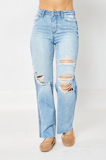 Judy Blue High Rise 90's Destroyed Straight Fit Jeans in Medium FINAL SALE