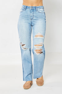 Judy Blue High Rise 90's Destroyed Straight Fit Jeans in Medium