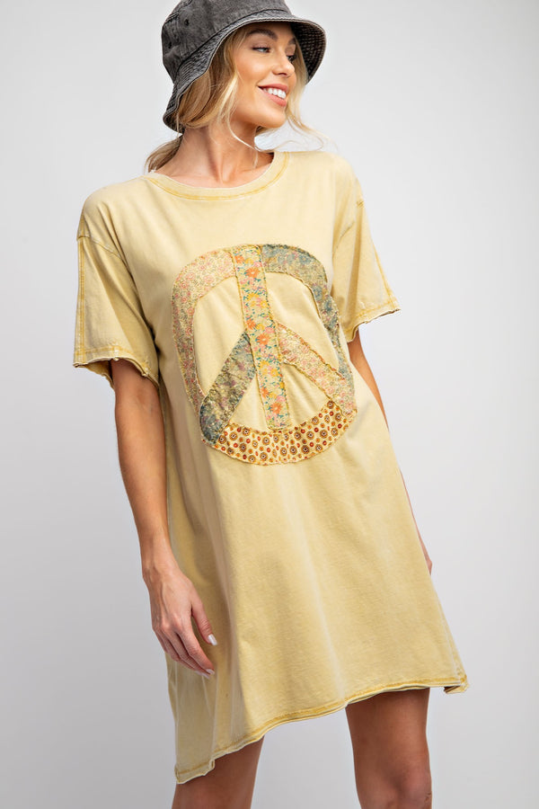 Easel Peace Patched Cotton Jersey Tunic Top in Honey Mustard Dress Easel   