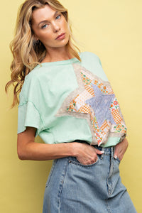 Easel Star Patched Cotton Jersey Top in Mint Shirts & Tops Easel   