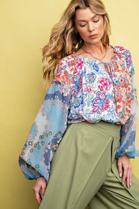 Easel Floral Print Mix n Match Top in Grey Blue Shirts & Tops Easel   