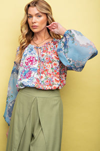 Easel Floral Print Mix n Match Top in Grey Blue Shirts & Tops Easel   